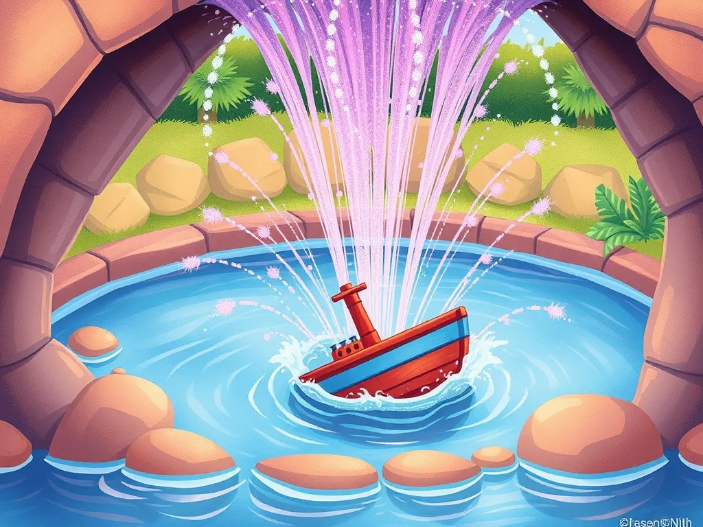 Wendell's Wonderful Mix-Ups - Purple sparks making toy boat sink through upside-down fountain