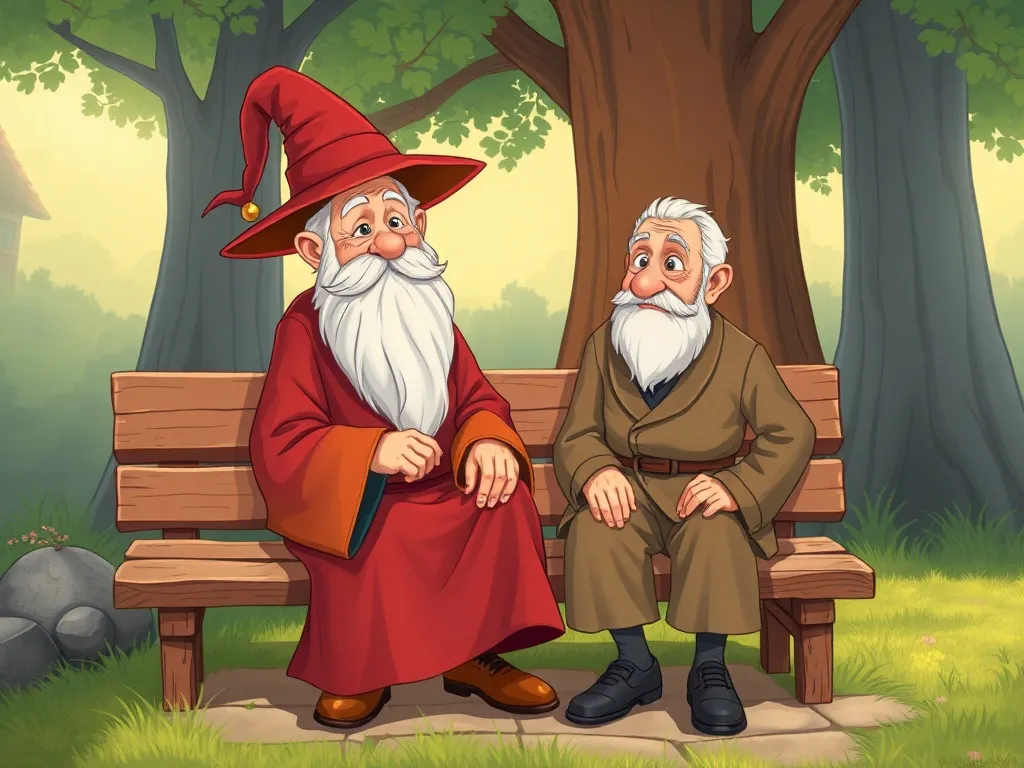 Wendell's Wonderful Mix-Ups - Wizard sitting beside elderly man on wooden bench