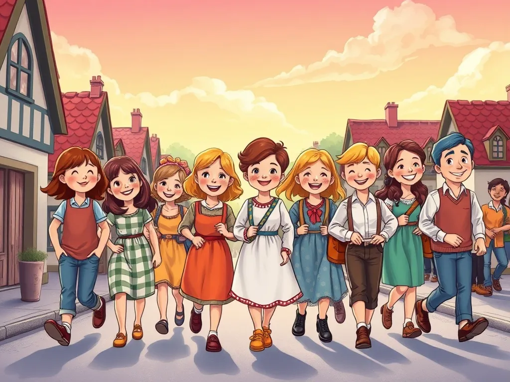 Wendell's Wonderful Mix-Ups - Townspeople walking forward backward and sideways all smiling together