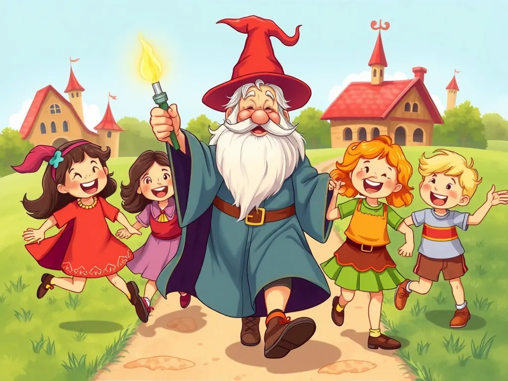 Wendell's Wonderful Mix-Ups - Wizard walking happily with laughing children in every direction