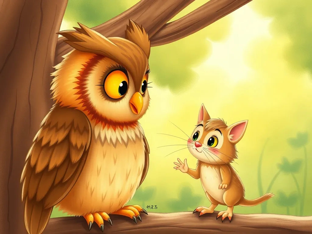 Whiskers and the Garden Visitor - Wise owl speaking to nervous Whiskers