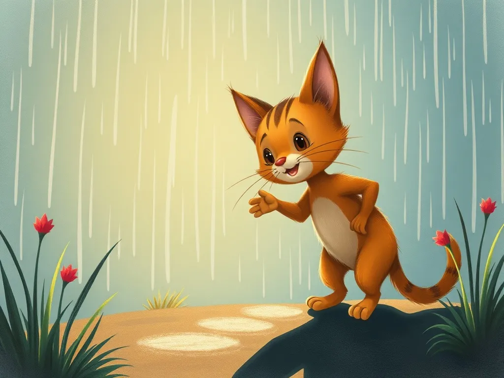 Whiskers and the Garden Visitor - Whiskers approaching visitor in rain