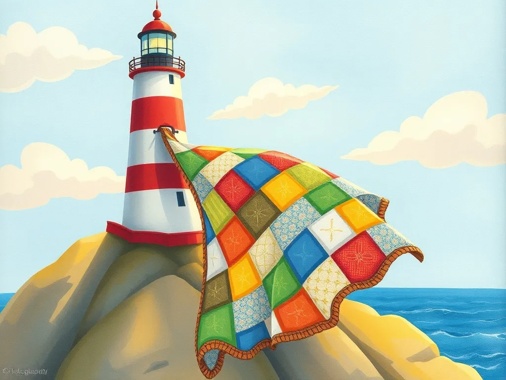 Whiskers and the Lighthouse Quilt - Quilt floating down from lighthouse tower