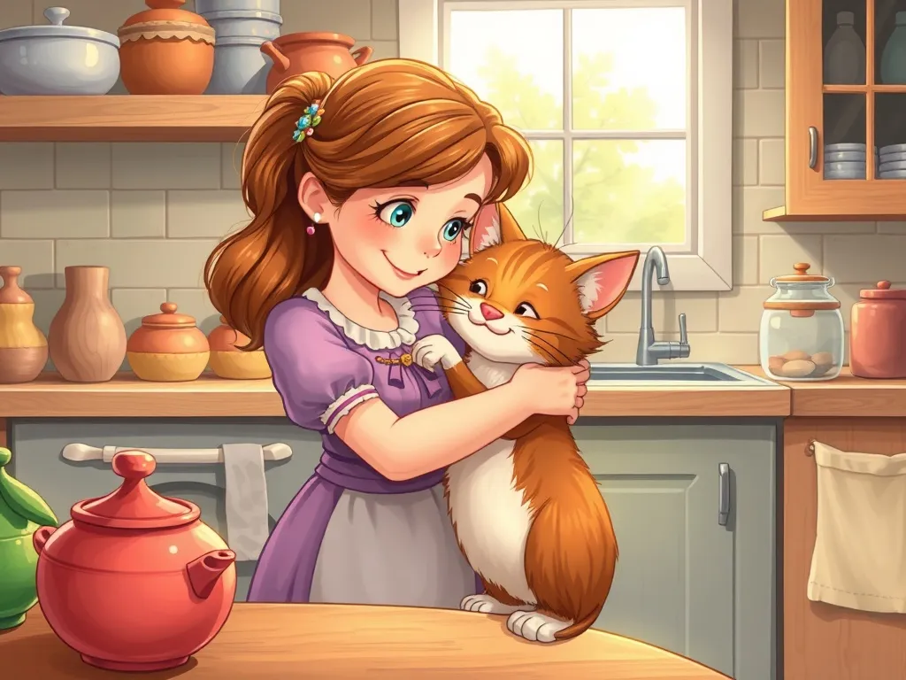Whiskers and the Lighthouse Quilt - Grace hugging Whiskers in kitchen