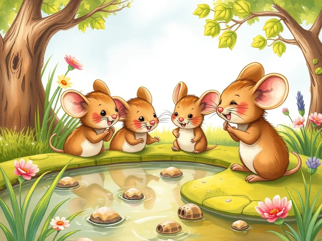 Whiskers and the Prairie Garden Friends - Mice welcoming Whiskers at the pond