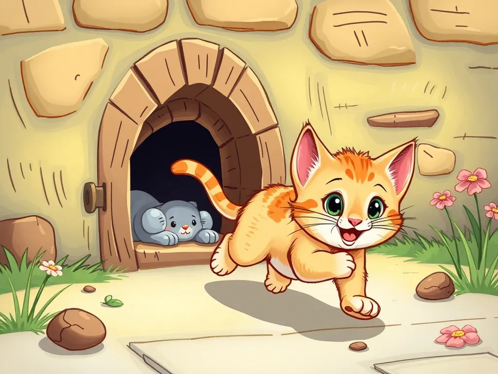 Whiskers and the Window Friend - Determined kitten racing toward cat door