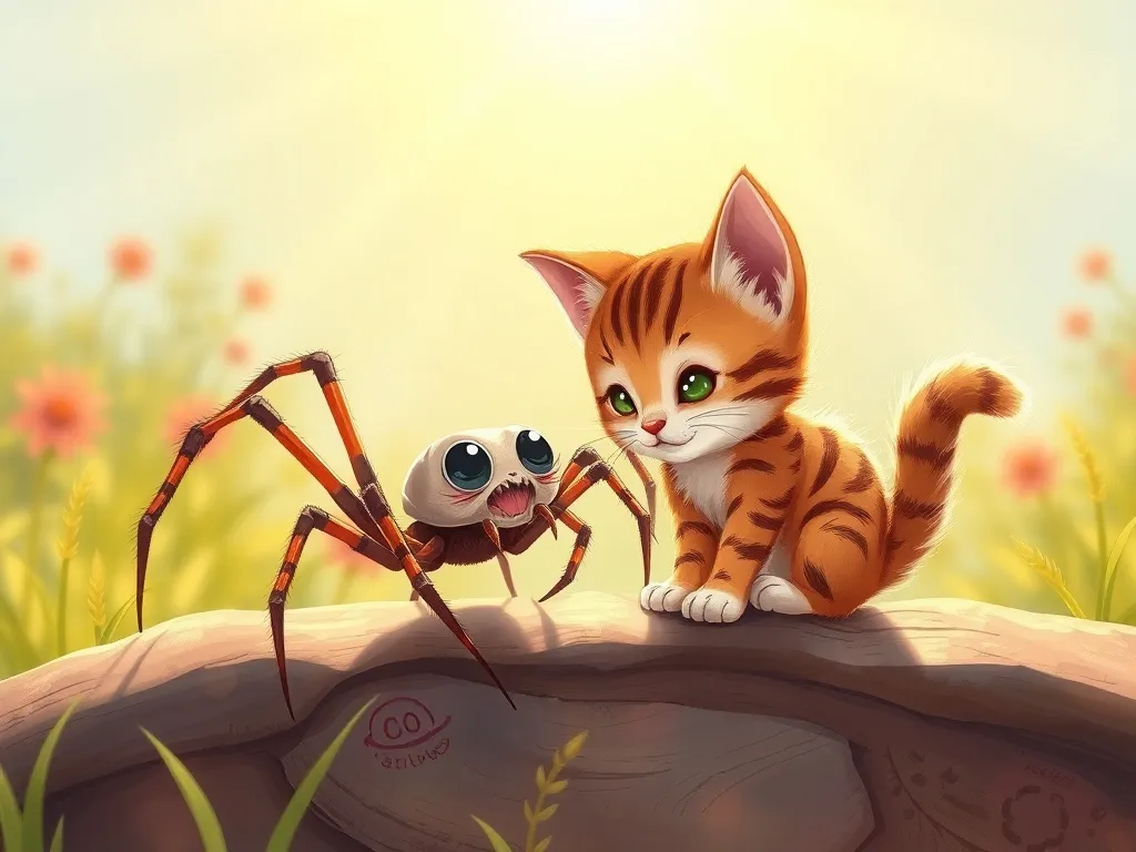 Whiskers and the Window Friend - Spider and kitten together in warm sunlight