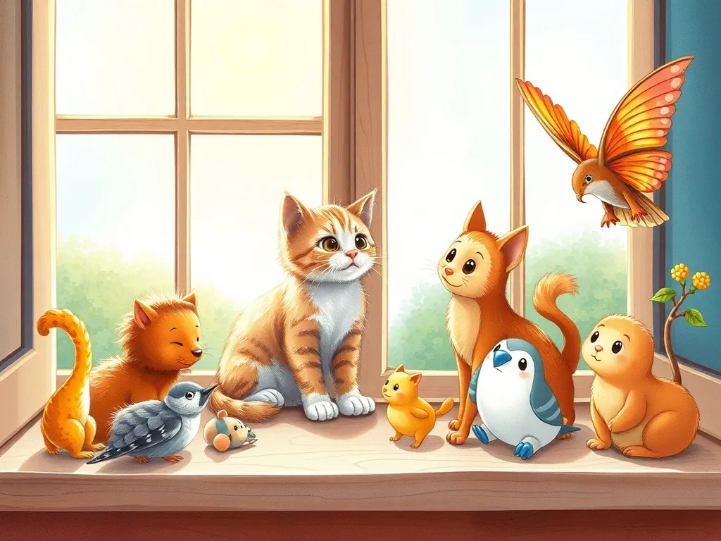 Whiskers and the Window Friend - Kitten watching diverse creatures on sunny windowsill