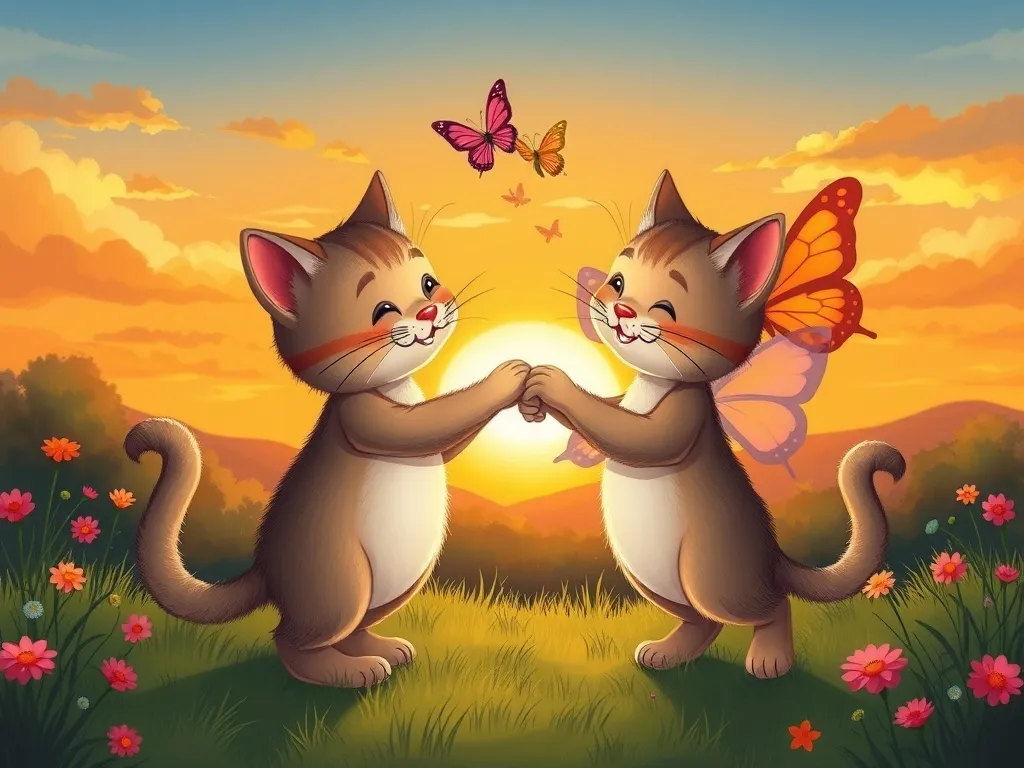Whiskers' Wildflower Waltz - Whiskers and butterflies dancing together at sunset