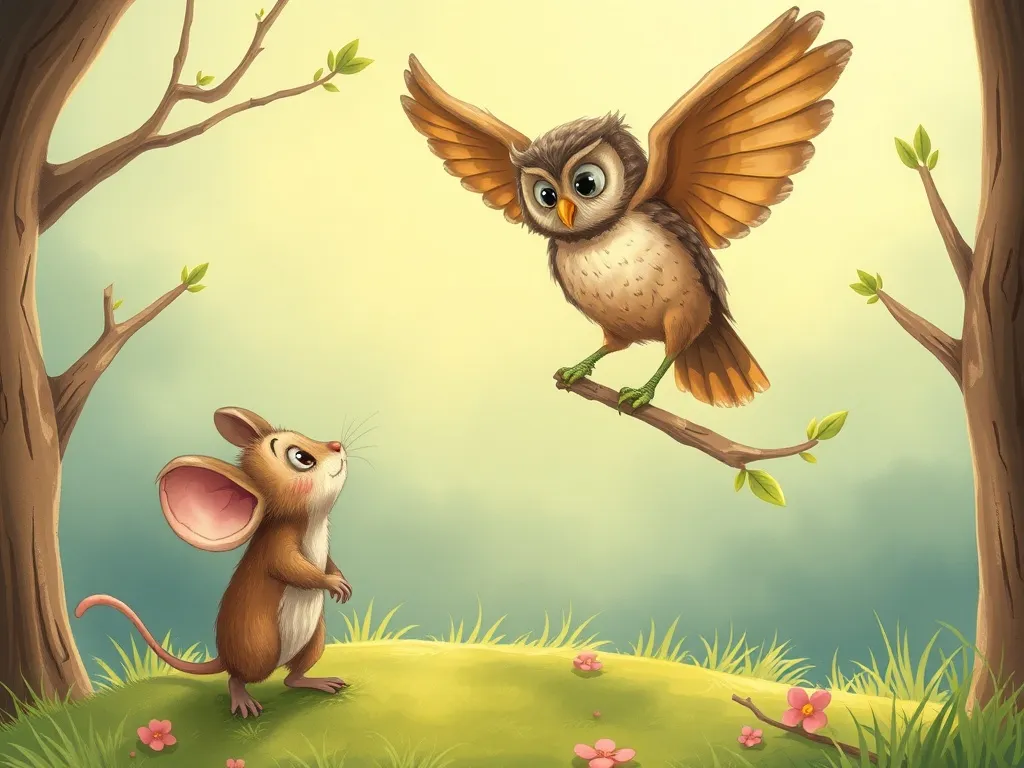 Whispers of Wisdom: The Meadow's Twilight Teacher - Confused mouse looking up at interrupting owl