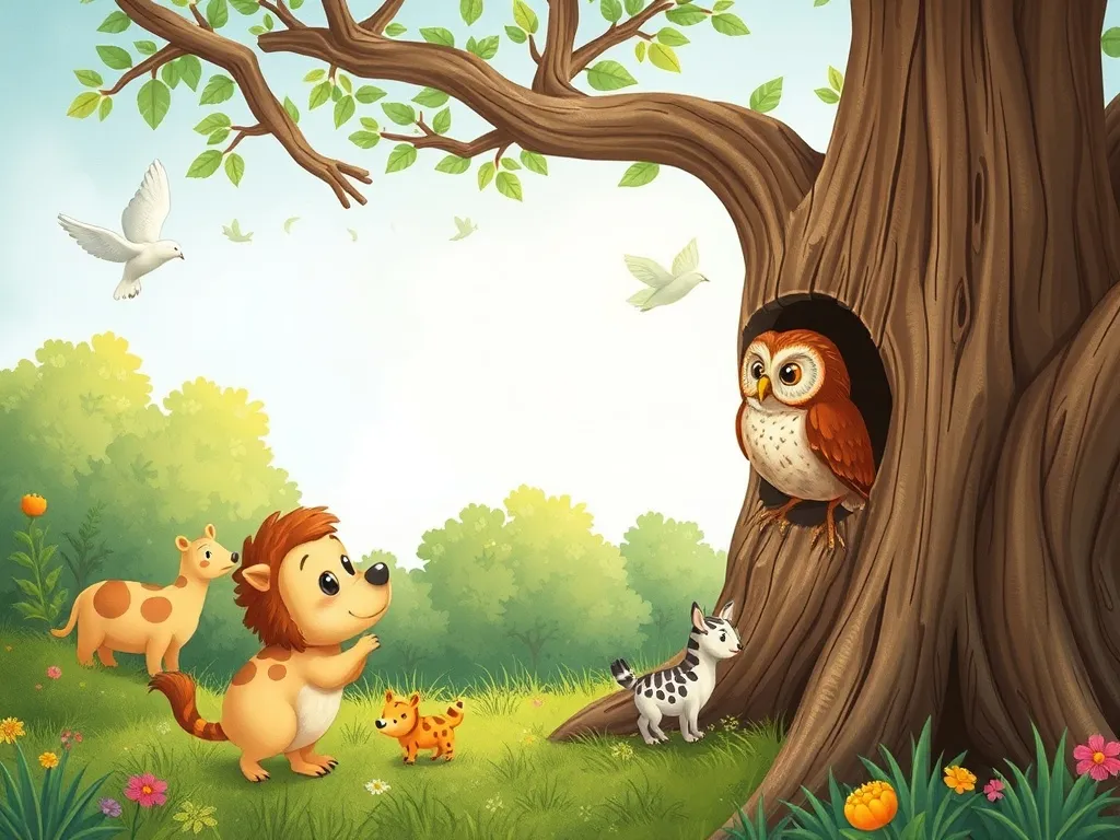 Whispers of Wisdom: The Meadow's Twilight Teacher - Quiet owl watching animals avoid her tree