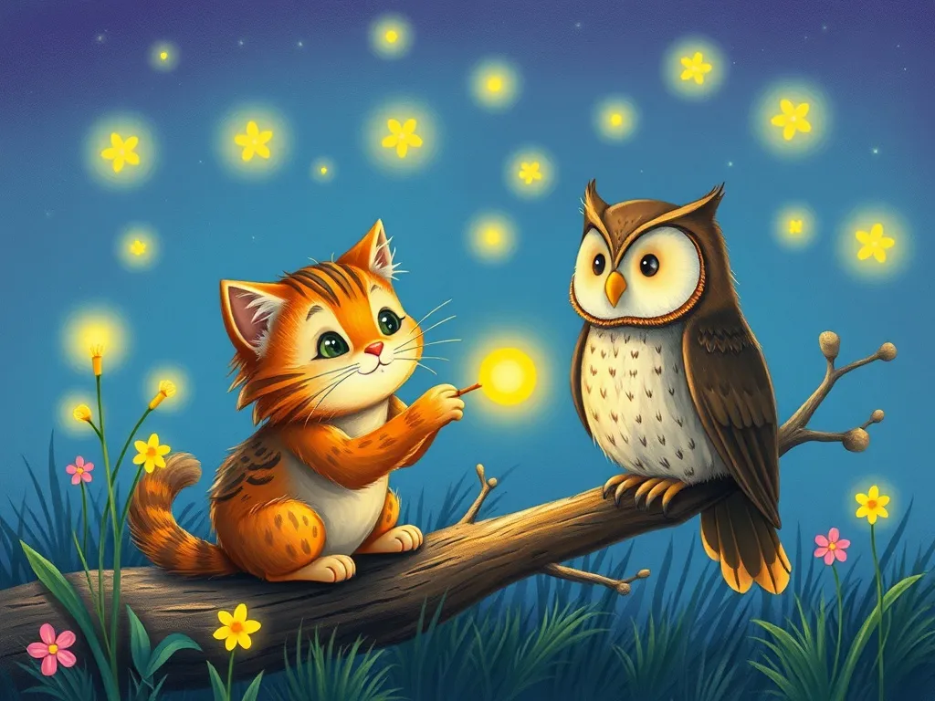 Whispers of Wisdom: The Meadow's Twilight Teacher - Cat and owl practicing listening to fireflies