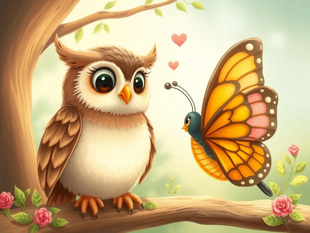 Whispers of Wisdom: The Meadow's Twilight Teacher - Owl and butterfly having thoughtful conversation