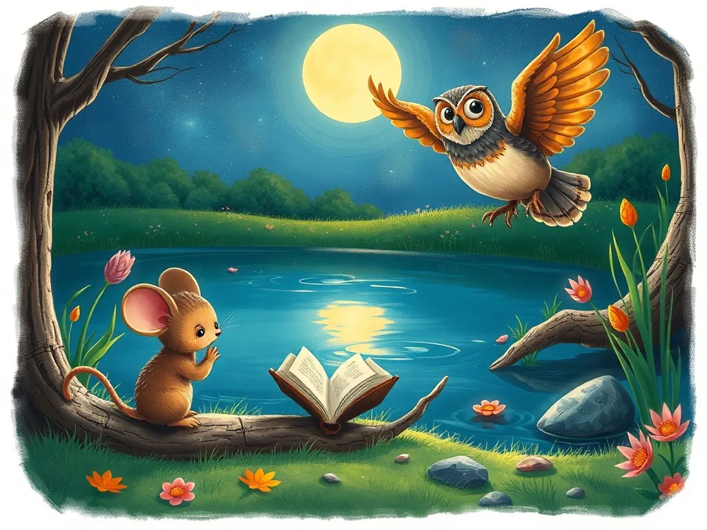 Whispers of Wisdom: The Meadow's Twilight Teacher - Mouse and owl finding book by moonlit pond