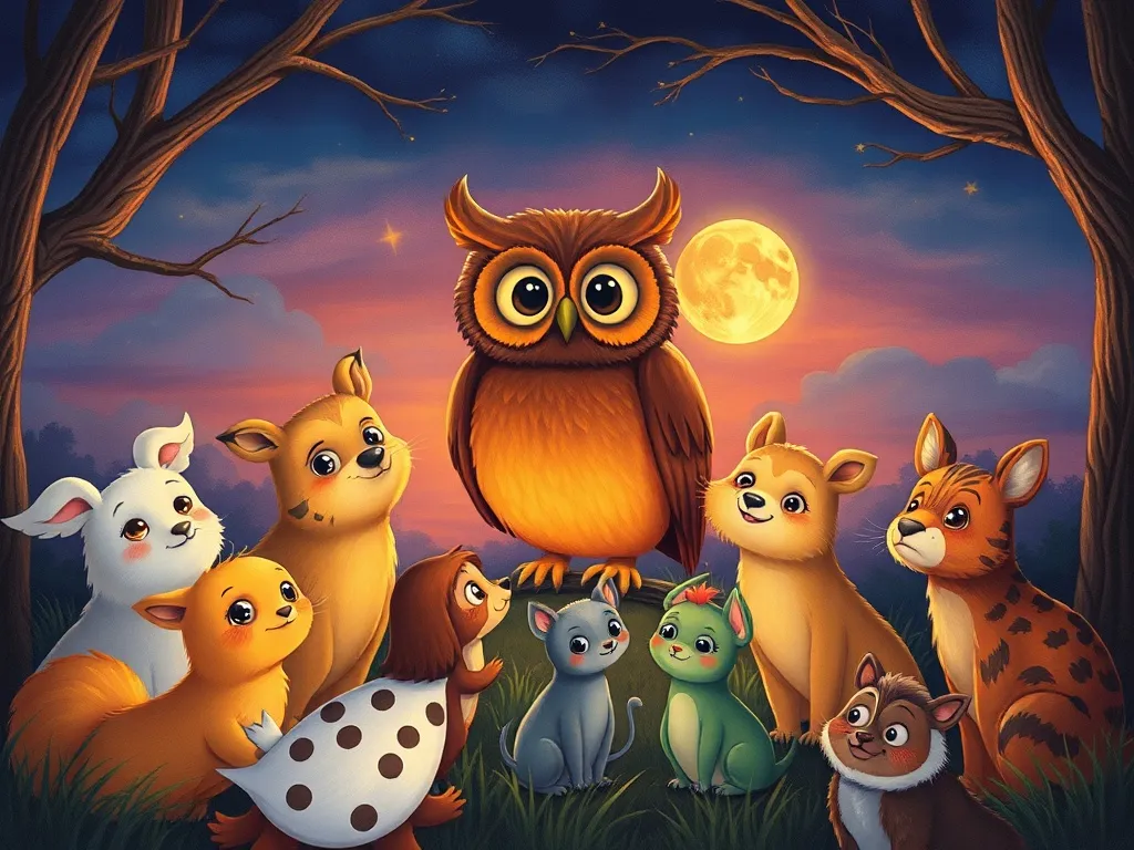 Whispers of Wisdom: The Meadow's Twilight Teacher - Various animals gathered around owl at twilight