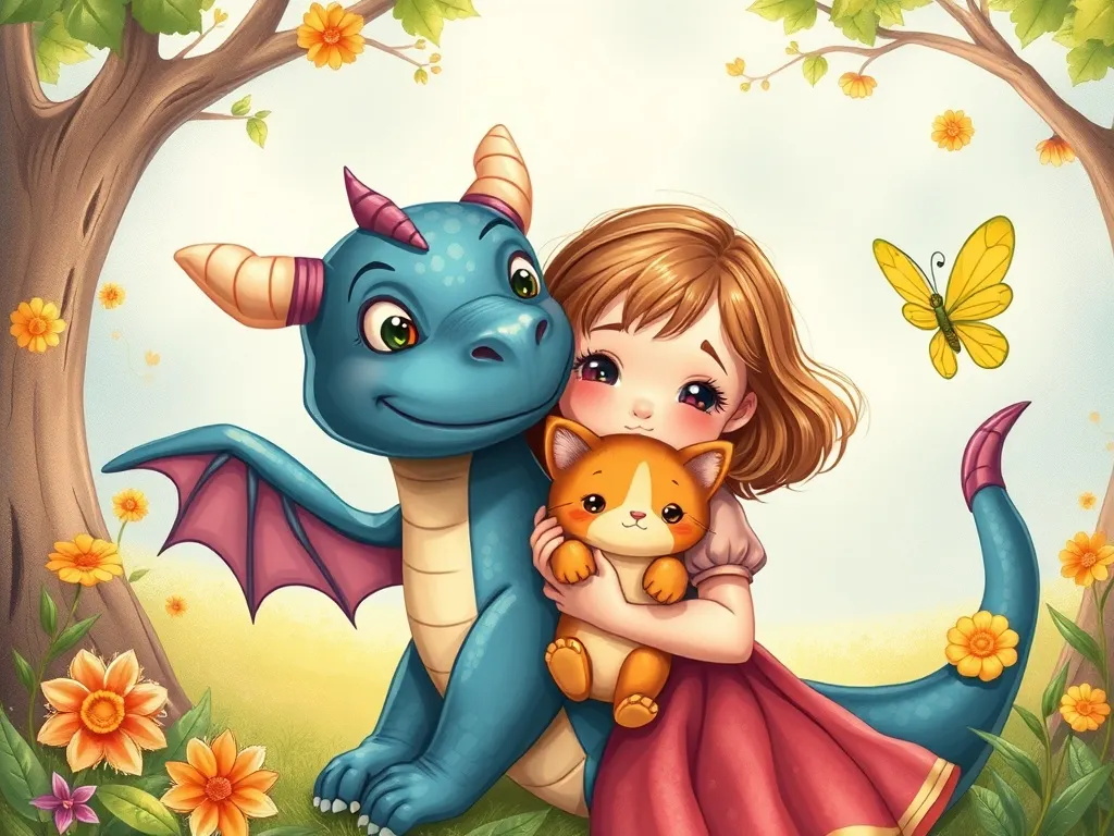 Wizzle's Wonky Wand and the Backwards Pet Shop - Girl hugging dragon-kitten-butterfly while Wizzle smiles nervously