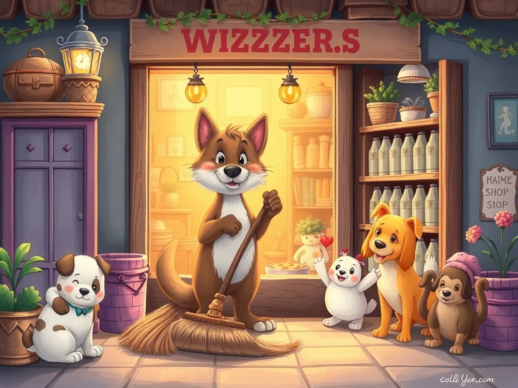 Wizzle's Wonky Wand and the Backwards Pet Shop - Wizzle proudly sweeping shop while magical pets play peacefully